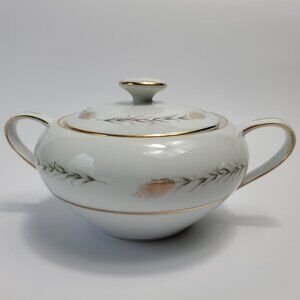 Empress China Grano Sugar Bowl with Lid White with Brown Wheat Pattern